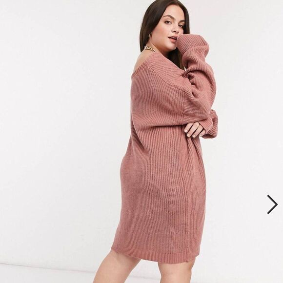 MISSGUIDED Plus Size Off Shoulder Jumper Dress Rose 14-16 Ribbed Chunky Knit NWT - Picture 8 of 8
